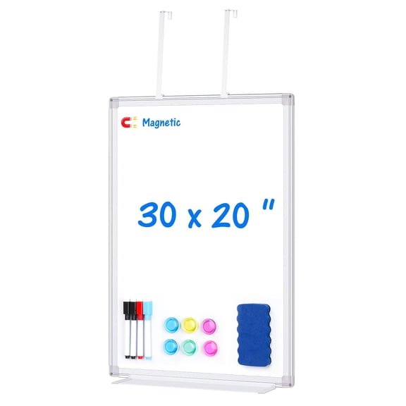 Magnetic Dry Erase Board for Doors, 30x20 Inch Whiteboard with Adjustable Long Arm Hook Mount - Easy to Install, Portable Hanging White Board for Home, Dorm Room, Office Cubicle & Small Spaces