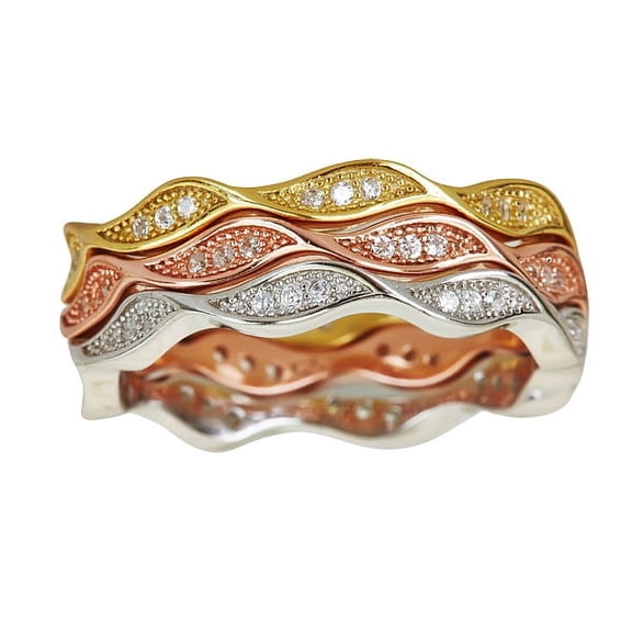 Decadence Sterling Silver Tricolor Wave Pave Stack Cubic Zirconia Ring