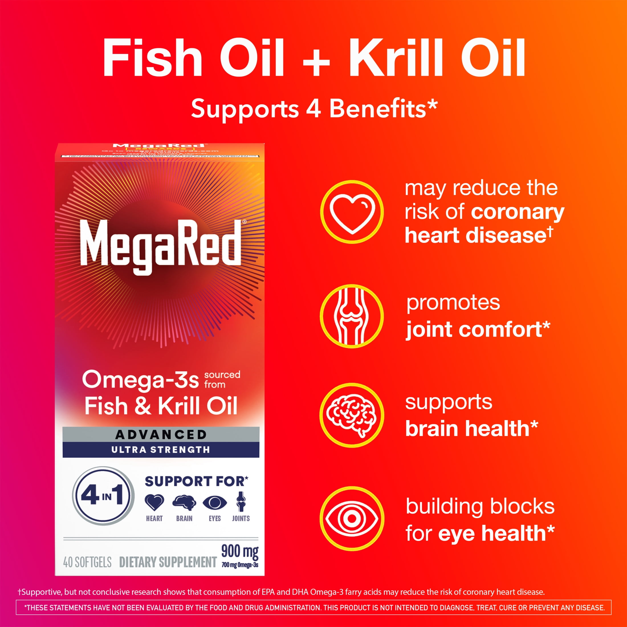 MegaRed Advanced 4in1 900mg Omega-3 Fish Krill Oil Supplements, Heart Brain Eyes Joints Health, 40 Softgels
