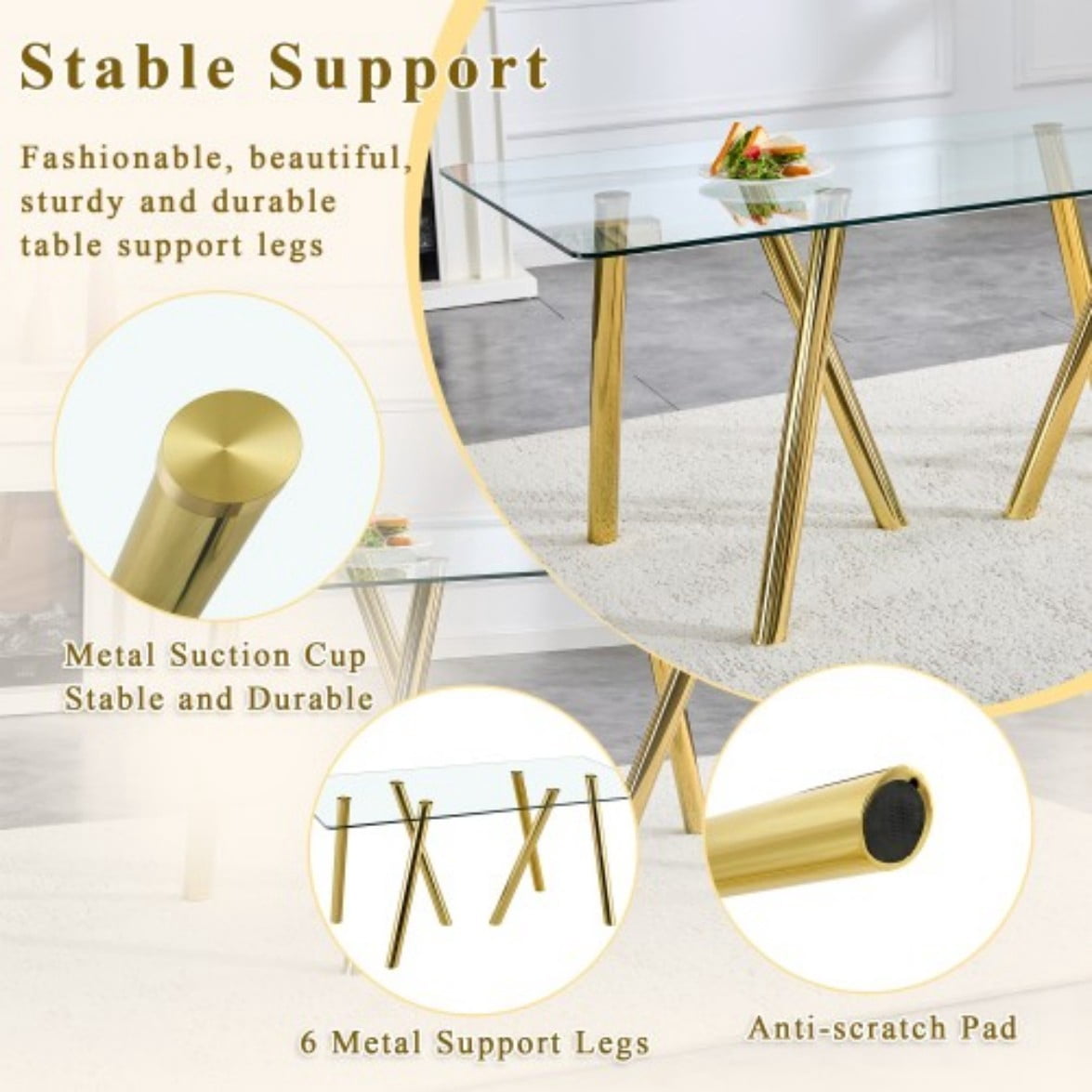 71" Tempered Glass Dining Table, Modern Large Kitchen Table with Sturdy Metal Legs, Round Edge Dining Room Table for Home & Family, Gold
