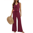 thumbnail image 2 of Womens 2 Piece Outfits V Neck Tie Waist Vest and Wide Leg Casual Pants Sets Deep Wine Red XL, 2 of 7