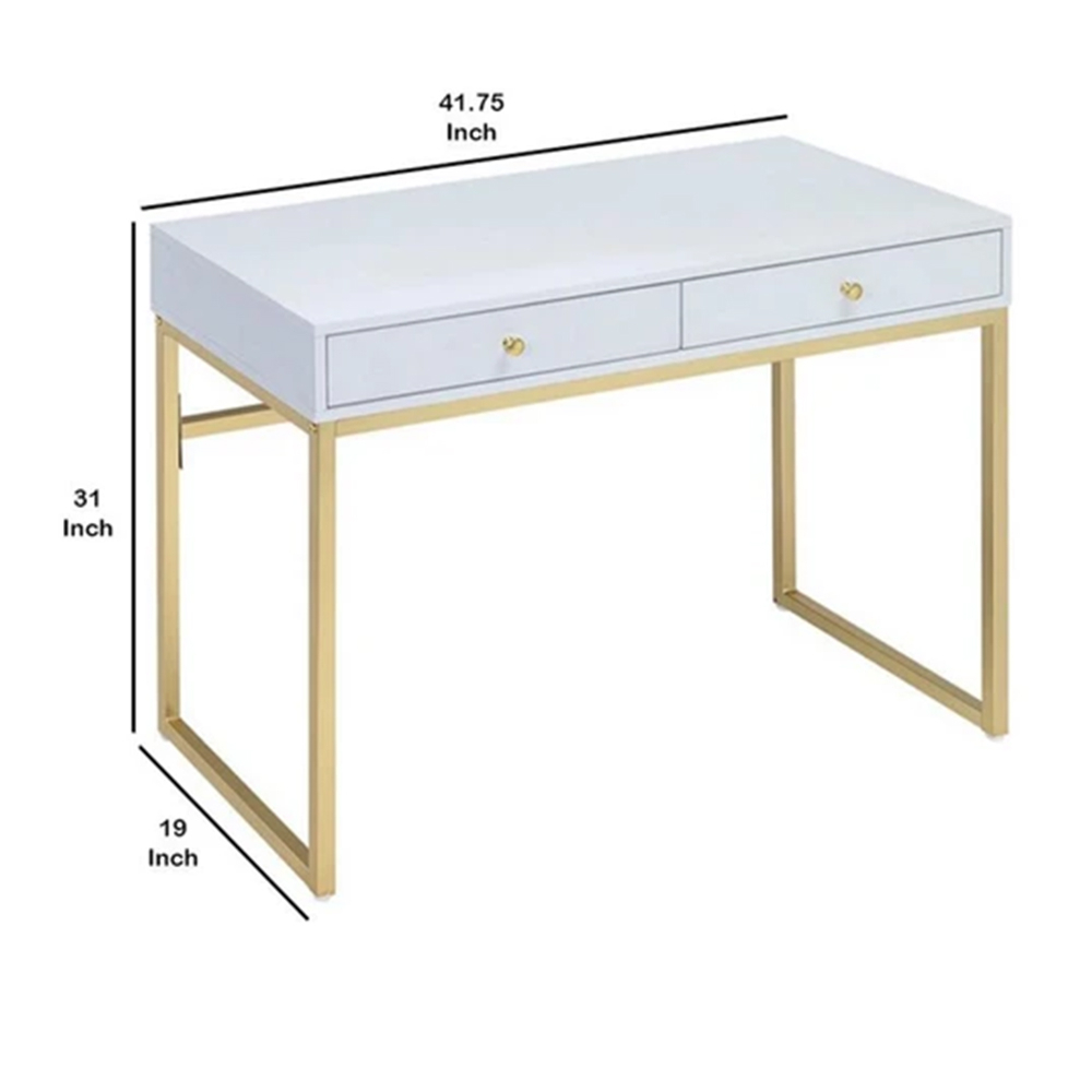 Rectangular Two Drawer Wooden Desk With Metal Sled Legs, White And Gold- Saltoro Sherpi - image 5 of 6