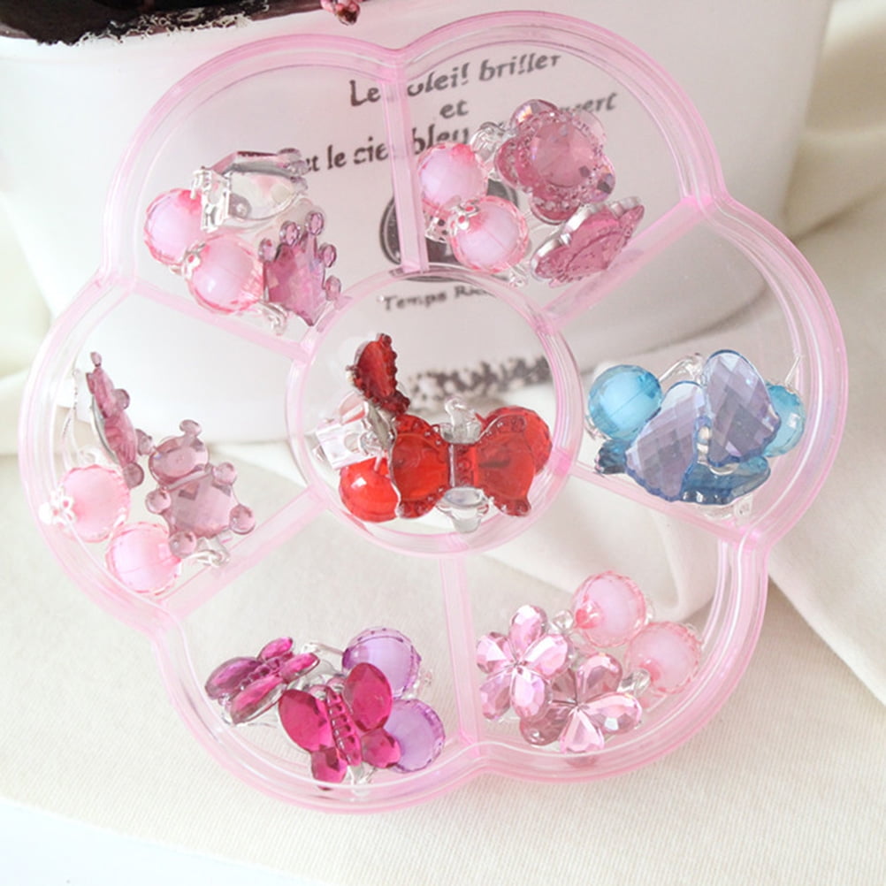 7 Pairs of Girls Earrings Box Set Clip-on Jewelry Kids Accessories Birthday Gift 