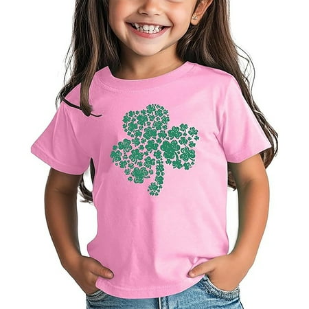 FASHOFT St Patricks Day T Shirt for Girls Boys Irish Funny Graphic Tees Crew Neck Short Sleeve Top Casual Kids Shirts Pink