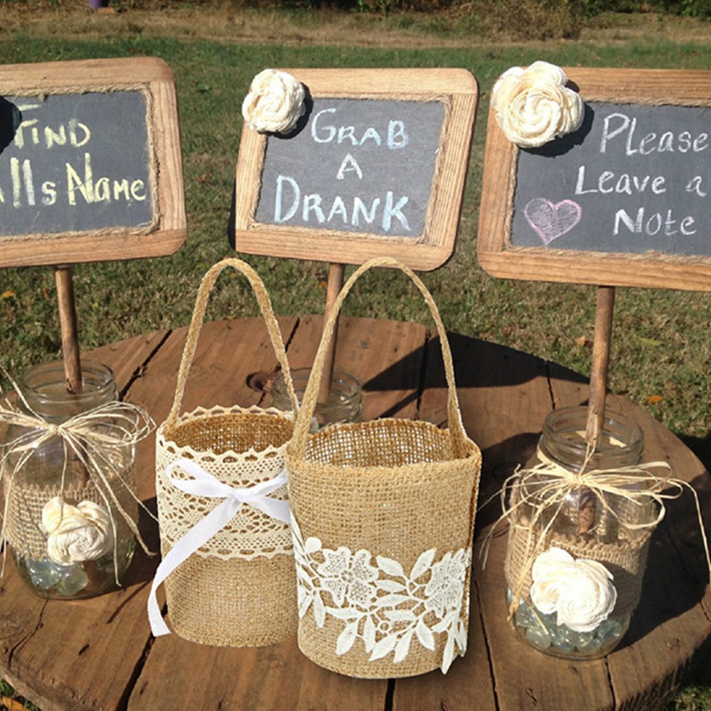 Panier De Fleuriste Pour Mariage - Toile De Jute Rustique Avec Dentelle Blanche - Diamètre 12,5 Cm - Idéal Pour Fille D'honneur