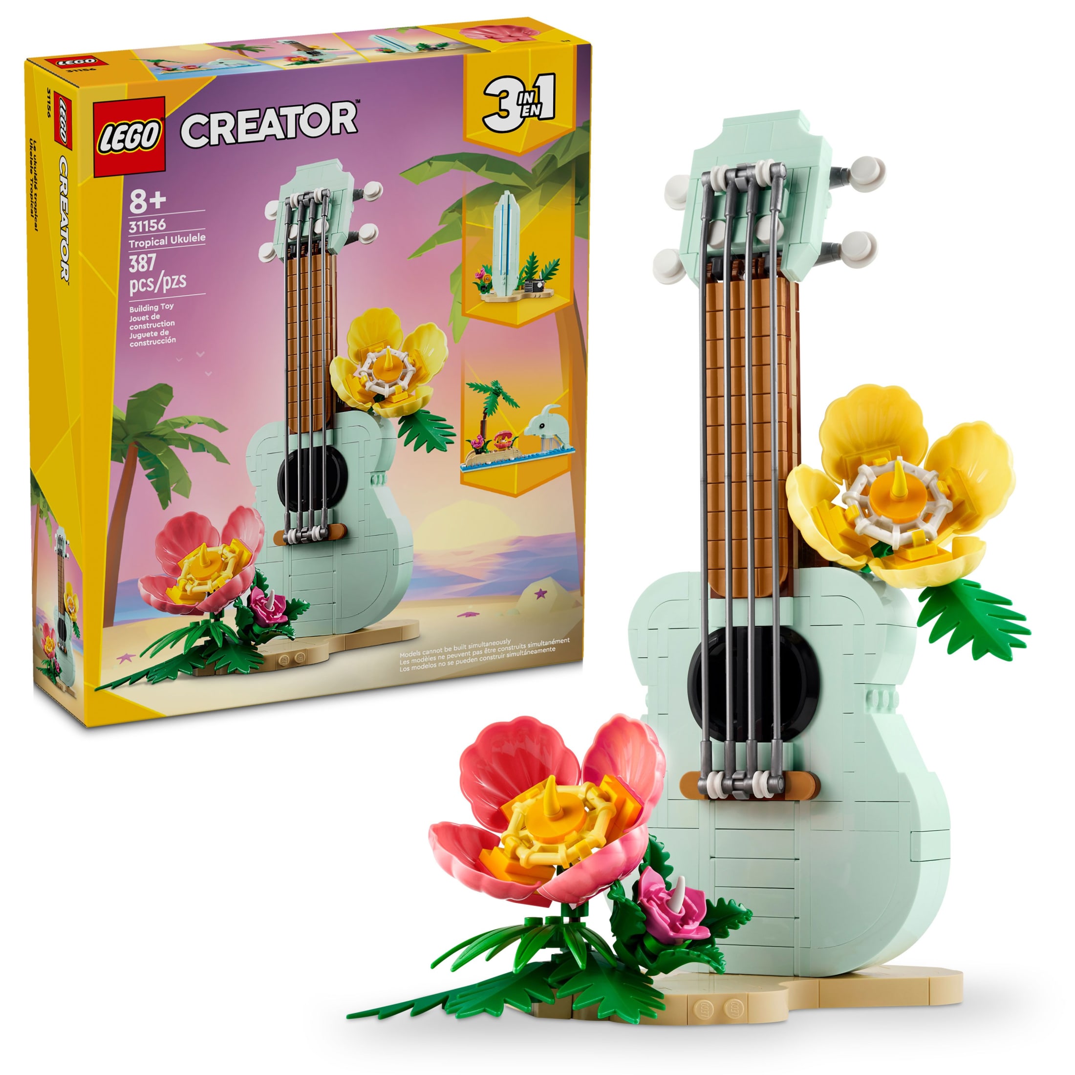 LEGO Creator 3 in 1 Tropical Ukulele Building Toy - Build & Display Set for Kids, Girls & Boys, Ages 8+ - Gift for Birthdays - Create Ukulele, Sufboard, or Dolphin - 31156