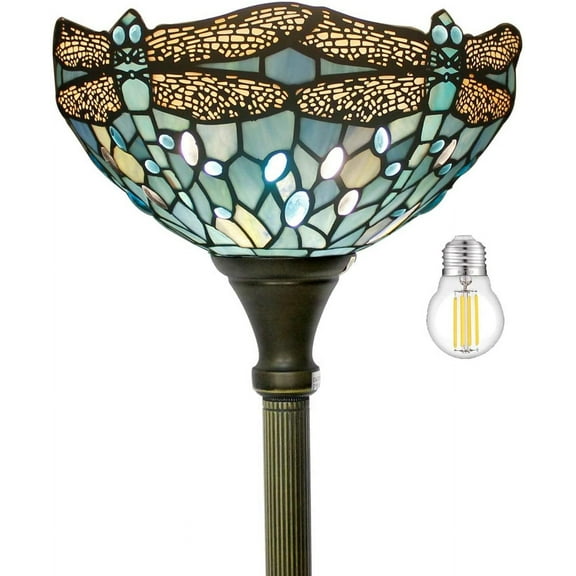 WERFACTORY Tiffany Floor Lamp Sea Blue Stained Glass Dragonfly Light 12X12X66 Inches Pole Torchiere Standing Corner Torch Uplight Decor Bedroom Living Room Home Office S147 Series