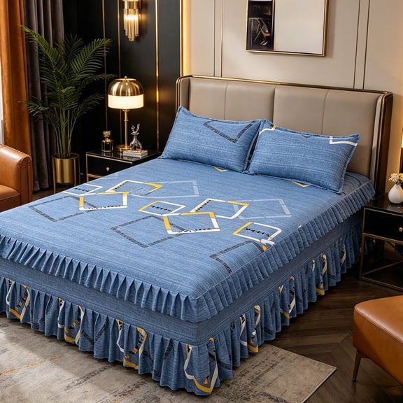 Queen Size Ruffled Bed Skirt With Pillowcases 3 Piece Set, Polyester Elastic Bed Cover With Ruffle, Dustproof Bedspread for Bedroom Guest Room Dorm Decor