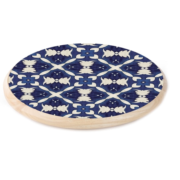 CounterArt White & Blue Pattern Round Wood Lazy Susan Turntable