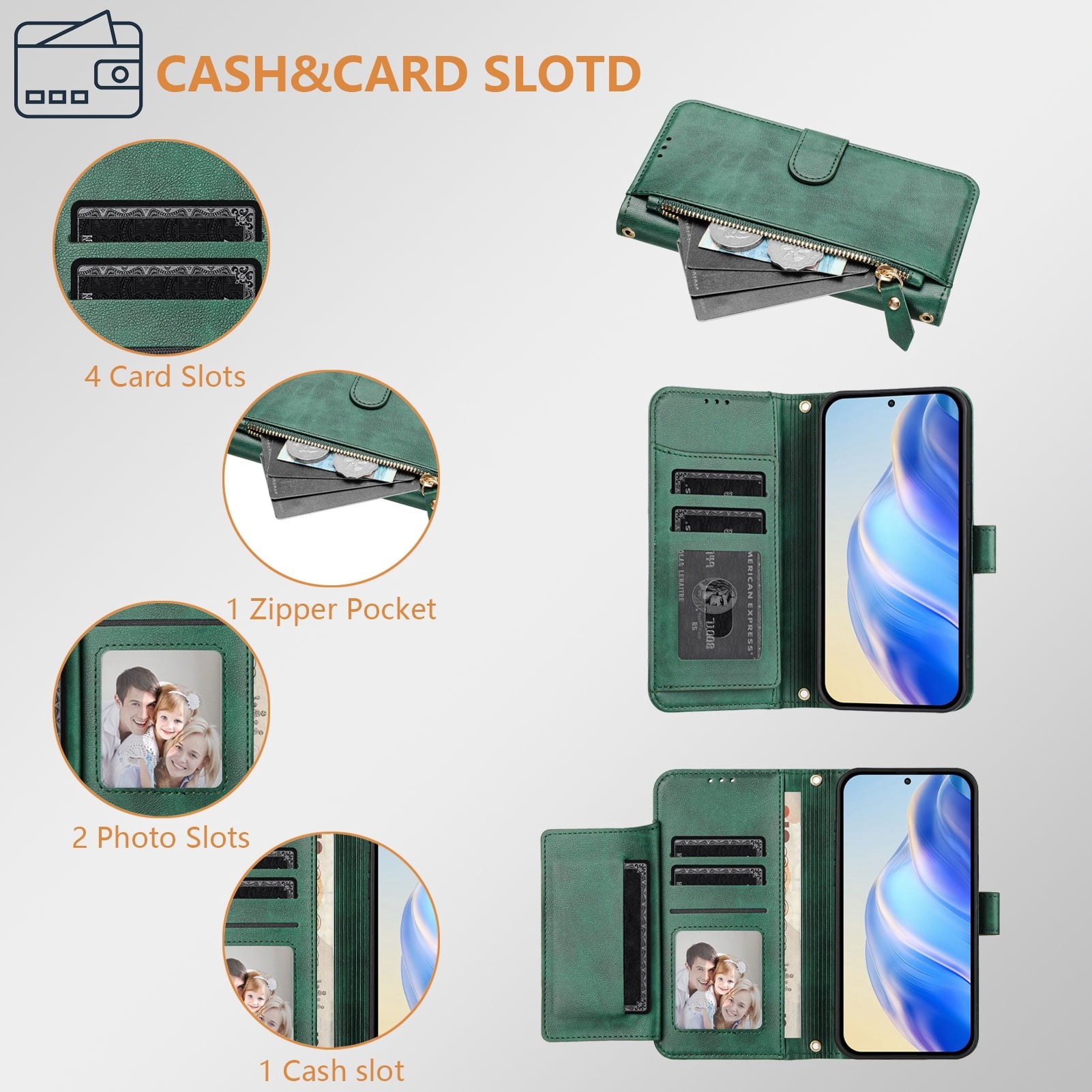 Filp Case for TCL 50 5G Zipper Pocket Magnetic Flip Wallet Phone Case with 7 Card Slots and Wrist Strap