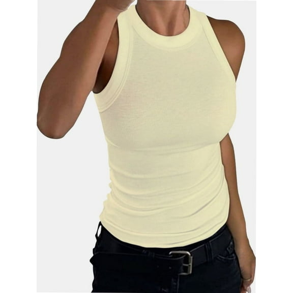 Women’s Basic Crew High Neck Sleeveless Casual Tank Top Ribbed Soft Tank Top