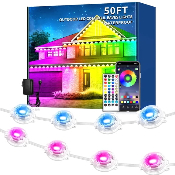 Permanent Outdoor Lights, 50FT RGB Outdoor String Lights with Remote, 25 LED Lights Waterproof Eaves Lights with Smart App Control & Music Sync, DIY Scene for Christmas Holiday Decoration