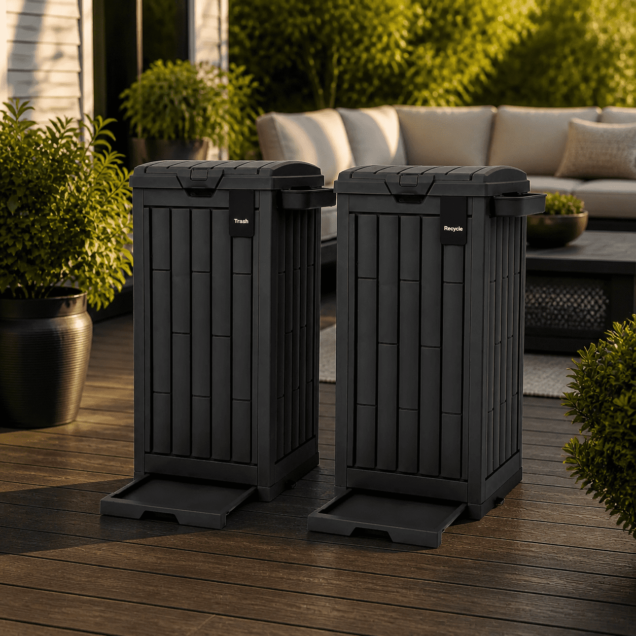 Uforic 38 Gallon Outdoor Trash Can Set of 2, Resin Garbage Bins with Lid, Sorting Labels, Ash Holder, Stakes & Suction Cups for Patio Backyard Garden, Black