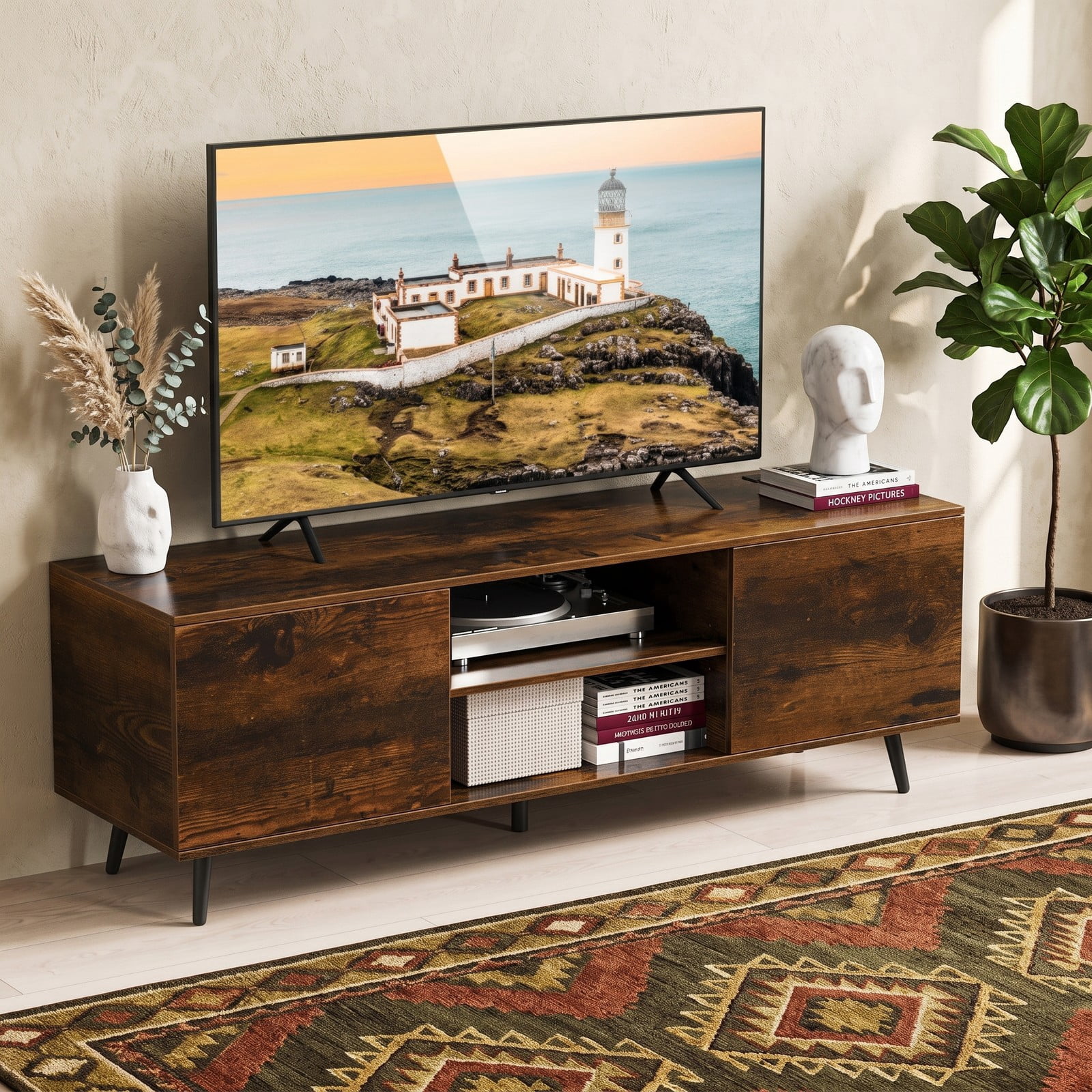 Furnibear TV Stand for 60 Inch TVs with 2 AC Power Outlets, USB-A & USB-C Charging Ports, 3-Position Adjustable Shelf, Media Console Entertainment Center, Rustic Brown