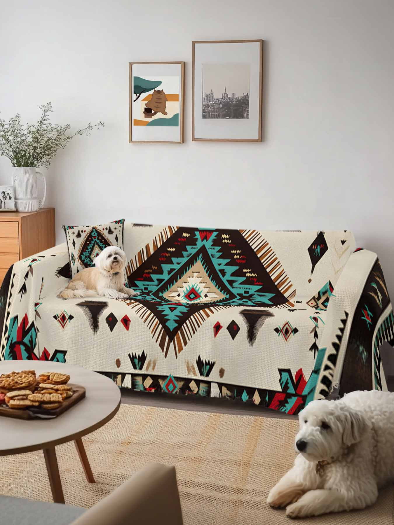 Red Teal Brown Southwestern Couch Cover, Ethnic Geometric Boho Retro Sofa Cover Blanket for 3 Cushion Couch, Sectional Sofa Slipcover Furniture Protector for Living Room Bedroom 71''x134''