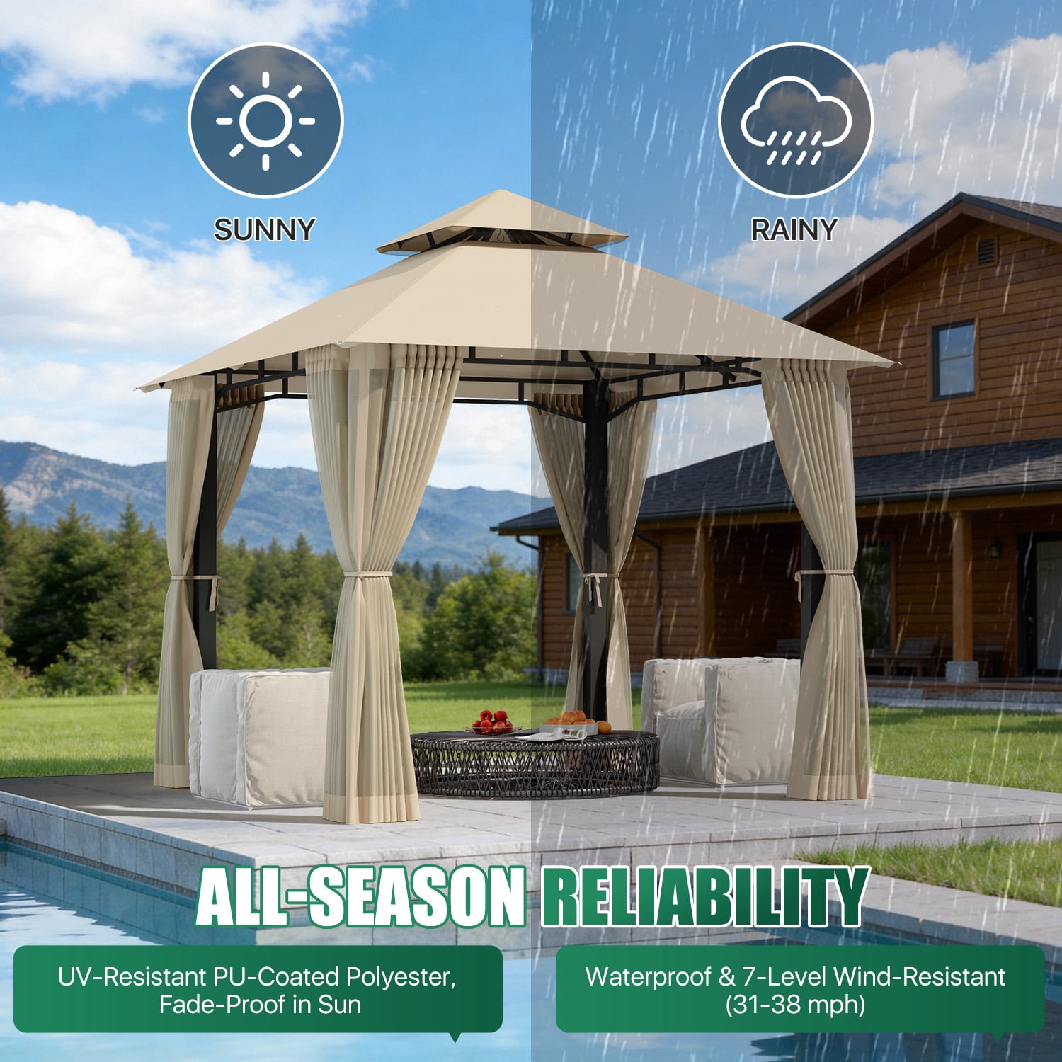 LazySunsets 8'x 8' Patio Gazebo Double Roof Protection All-Weather Outdoor Shelter Features Insect Screens for Backyard, Lawn, (Beige)