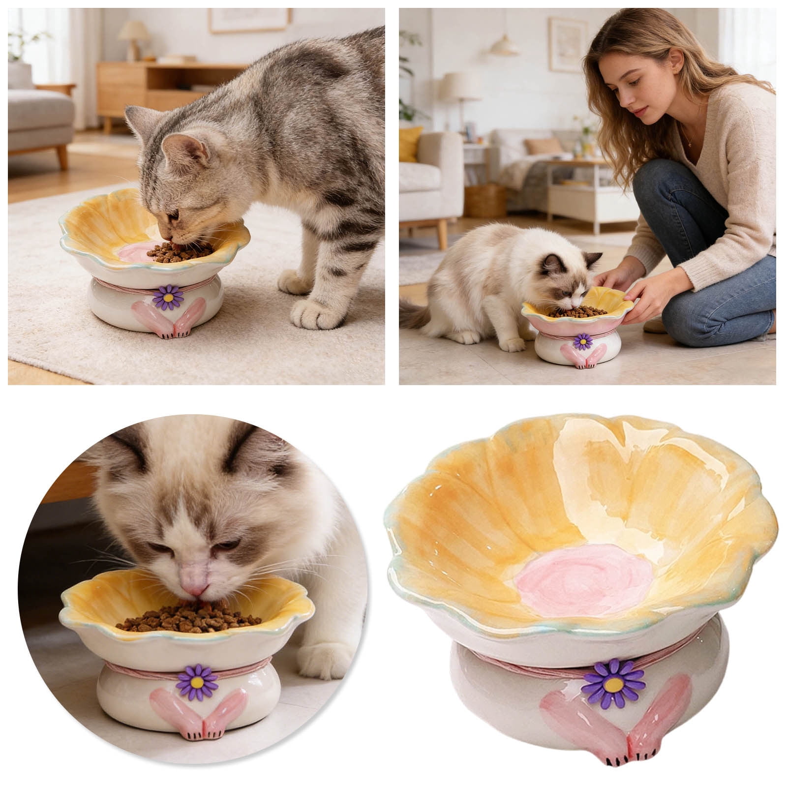 FTsdfkl Tilted Cat Bowl 15Â° - Ceramic Elevated Pet Food Dish, Elevated Floral Pattern,Non- Base for Cats/Dogs,Shallow Design,Anti Vomiting & Protect Pet's Spine