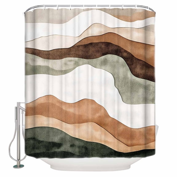54x78 Inch Shower Curtain Decorative Abstract Wave Bathtub Bath Curtains Fabric Waterproof Bathroom Decor Modern Brown Green White Geometric Stripes Small Stall Shower Curtain Set with 12 Hooks