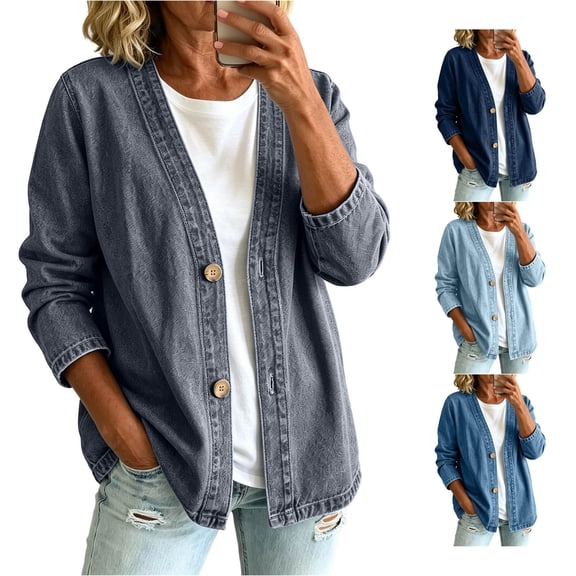 Women's Button Front Denim Cardigan Long Sleeve Casual Layering Jacket
