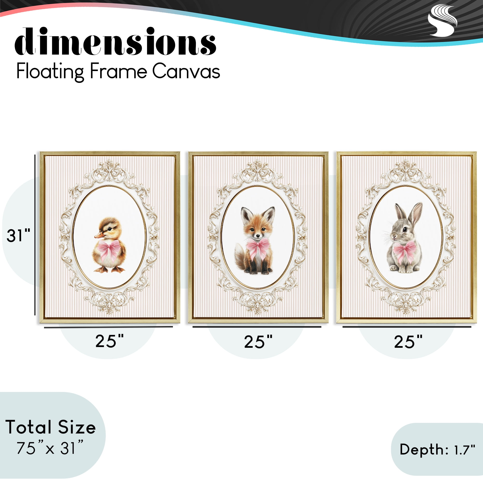 Stupell Industries Vintage Animals with Ornate Design 3 Piece Gold Framed Floater Canvas Set, design by Christine Simpson Art