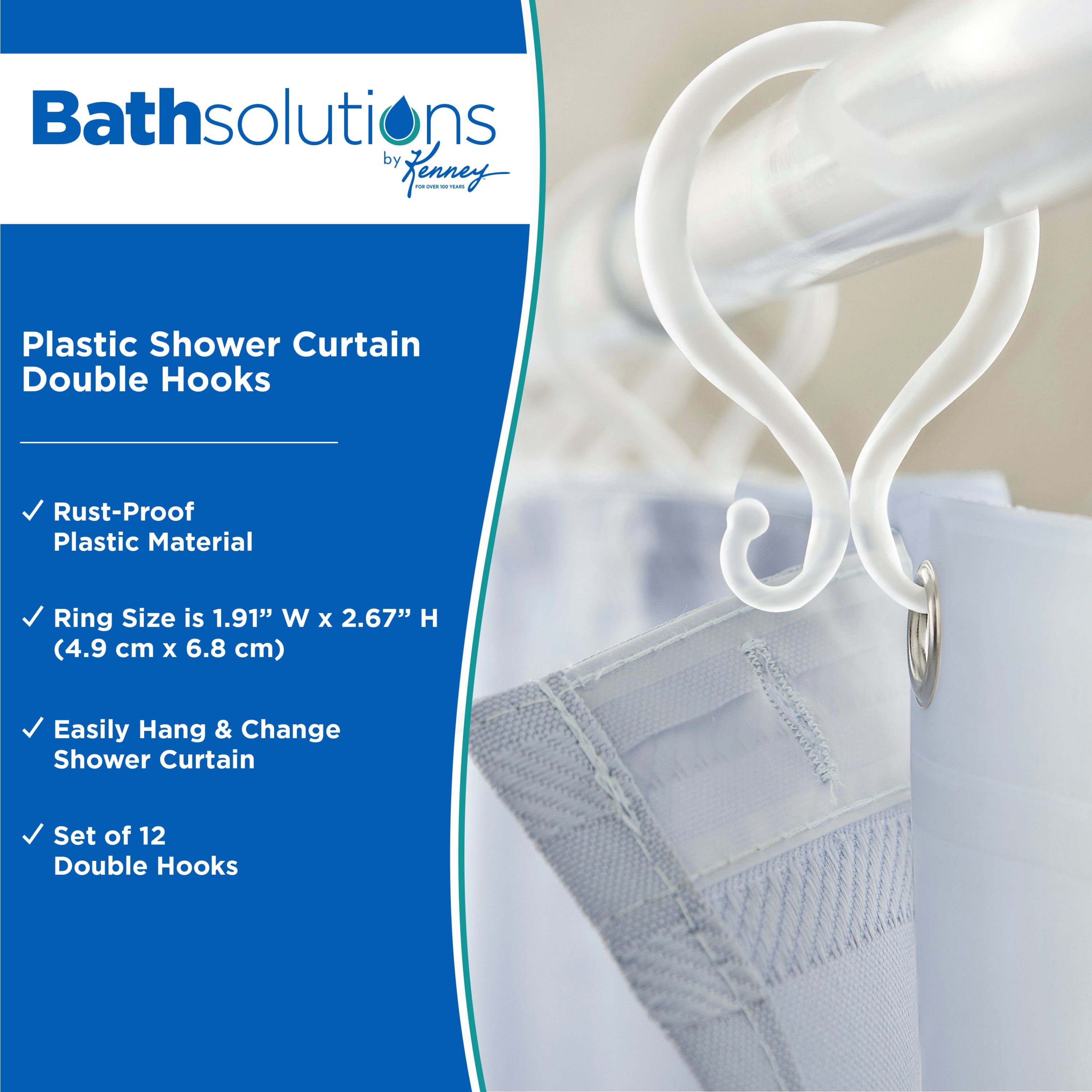 (2 pack) Kenney Rust-Proof Plastic Shower Curtain Double Hooks, Set of 12, Clear
