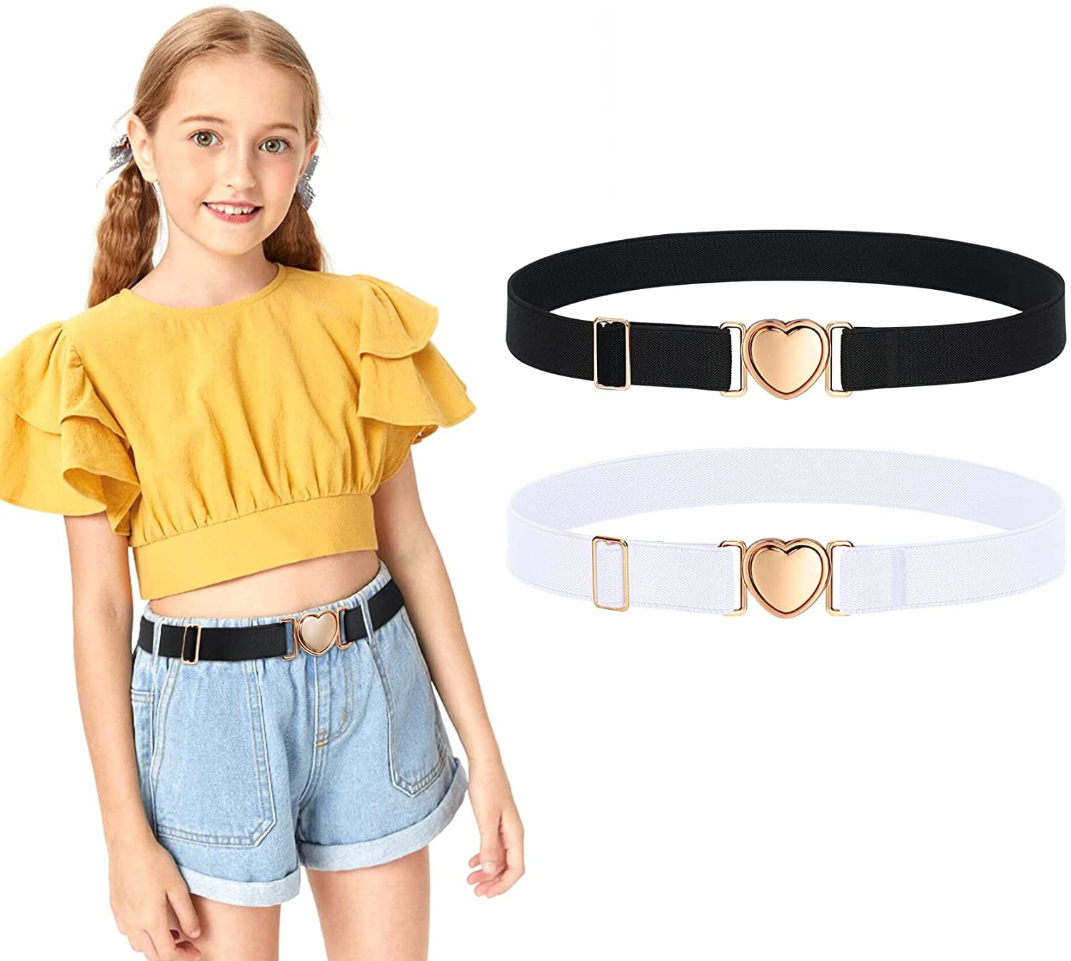 2 Pack Kids Elastic Stretch Belts Girls Belts Adjustable Toddler Belt Heart Buckle for Girls Boys 