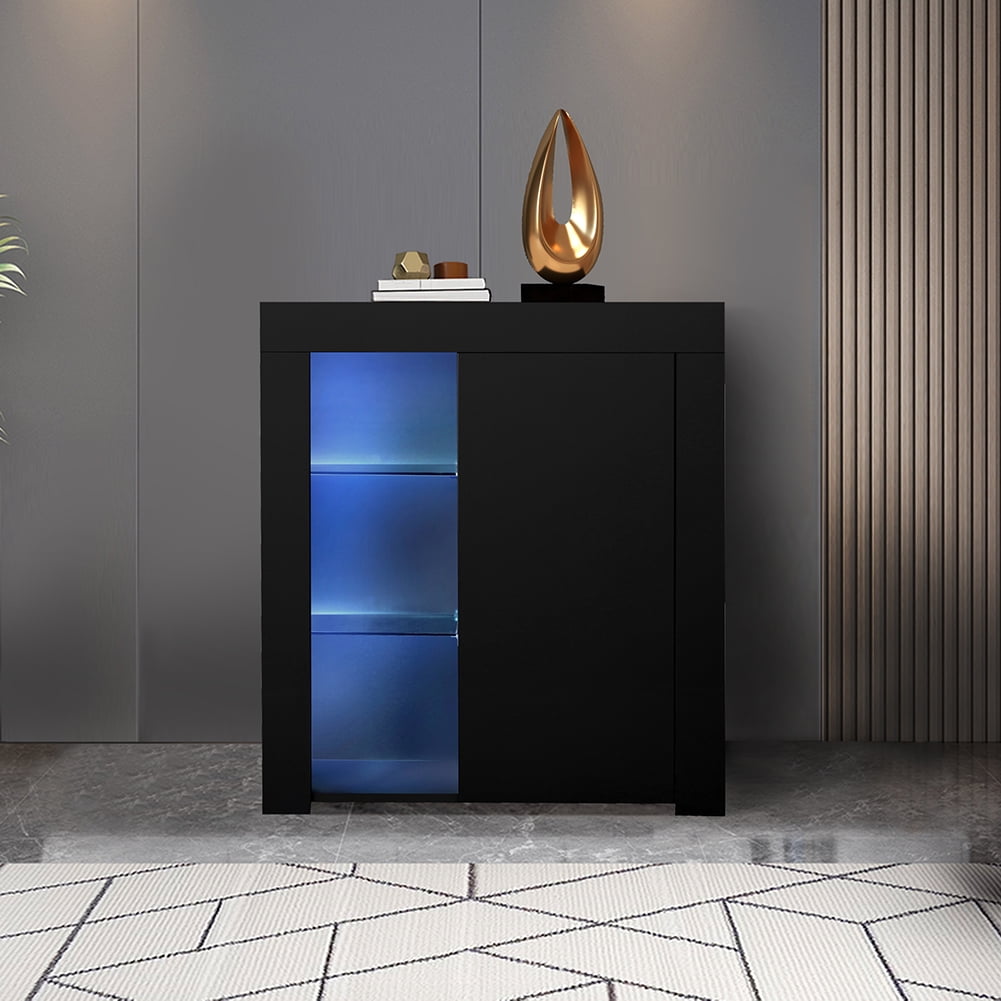 Private Jungle Kitchen Sideboard Cupboard White High Gloss with Blue LED Light,Entryway Living Room Side Storage Cabinet Buffet with Shelves and Door,Black Private Jungle Kitchen Sideboard Cupboard White High Gloss with Blue LED Light,Entryway Living Room Side Storage Cabinet Buffet with Shelves and Door,Black