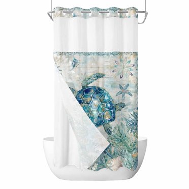 No Hook Underwater Turtle Shower Curtain with Snap in Liner Set ...