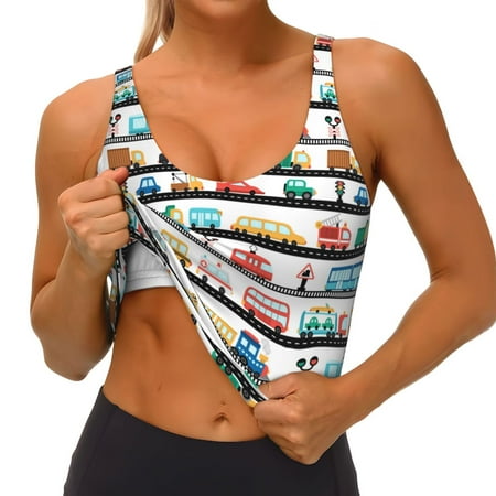 Qokaie Funny Transport Pattern Womens Scoop Neck Sports Bra Breathable Workout Vest Padded U Back Medium Impact Fitness Gym Yoga Bra Workout Crop Top