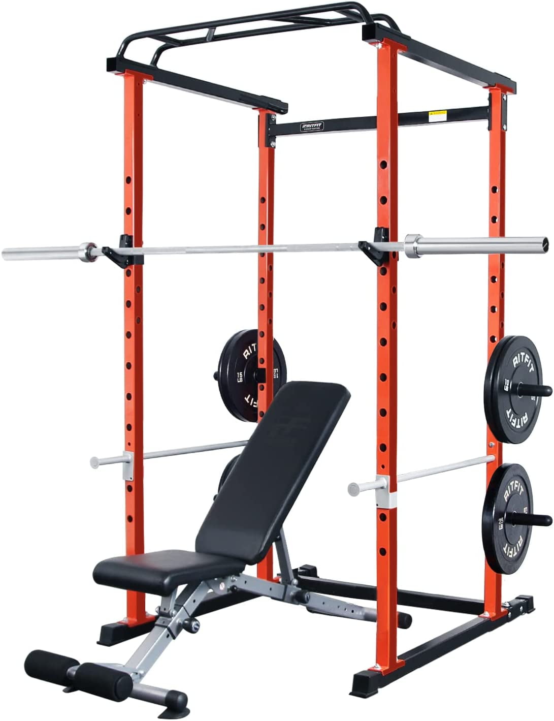 RitFit 1000LB Capacity Power Cage Rack with Bench, 100LB Bumper Plates