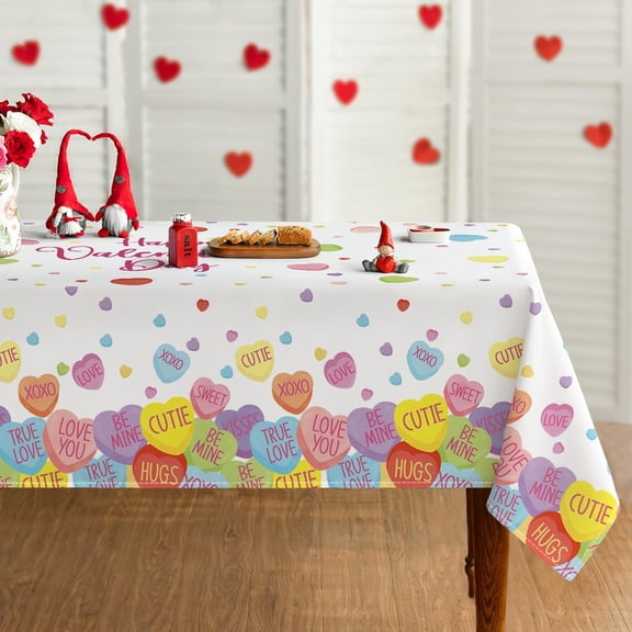 Valentine Tablecloth 60×84 Inch Rectangular, Colorful Hearts Candy Washable Table Cover for Party Picnic Dinner Decor