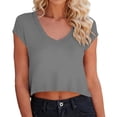 thumbnail image 2 of yillto Women Crop Shirts Short Sleeve V Neck Tees Summer Baisc Tshirts Solid Color Casual Tops Clothes, 2 of 6