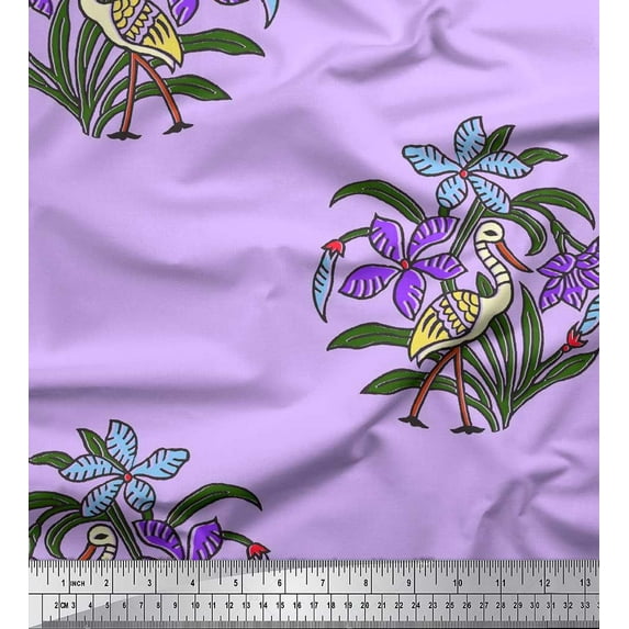 Soimoi Cotton Voile Fabric Flamingo,Leaves & Floral Block Printed Craft Fabric by The Yard 56 Inch Wide