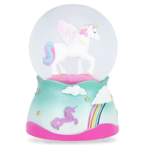 Elanze Designs Licorne Arc-en-Ciel Volante 80 mm Robuste à Remontage Musical Scintillante Eau Neige Globe de Table Commode Table de Nuit Figurine Décoration Joue Accorde la Licorne