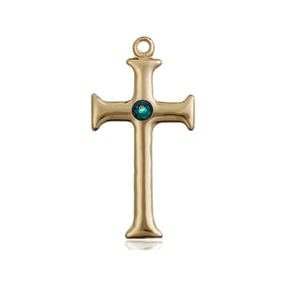 14kt Yellow Gold Cross Medal with 3mm May Green Swarovski Crystal 1 x 1/2 inches