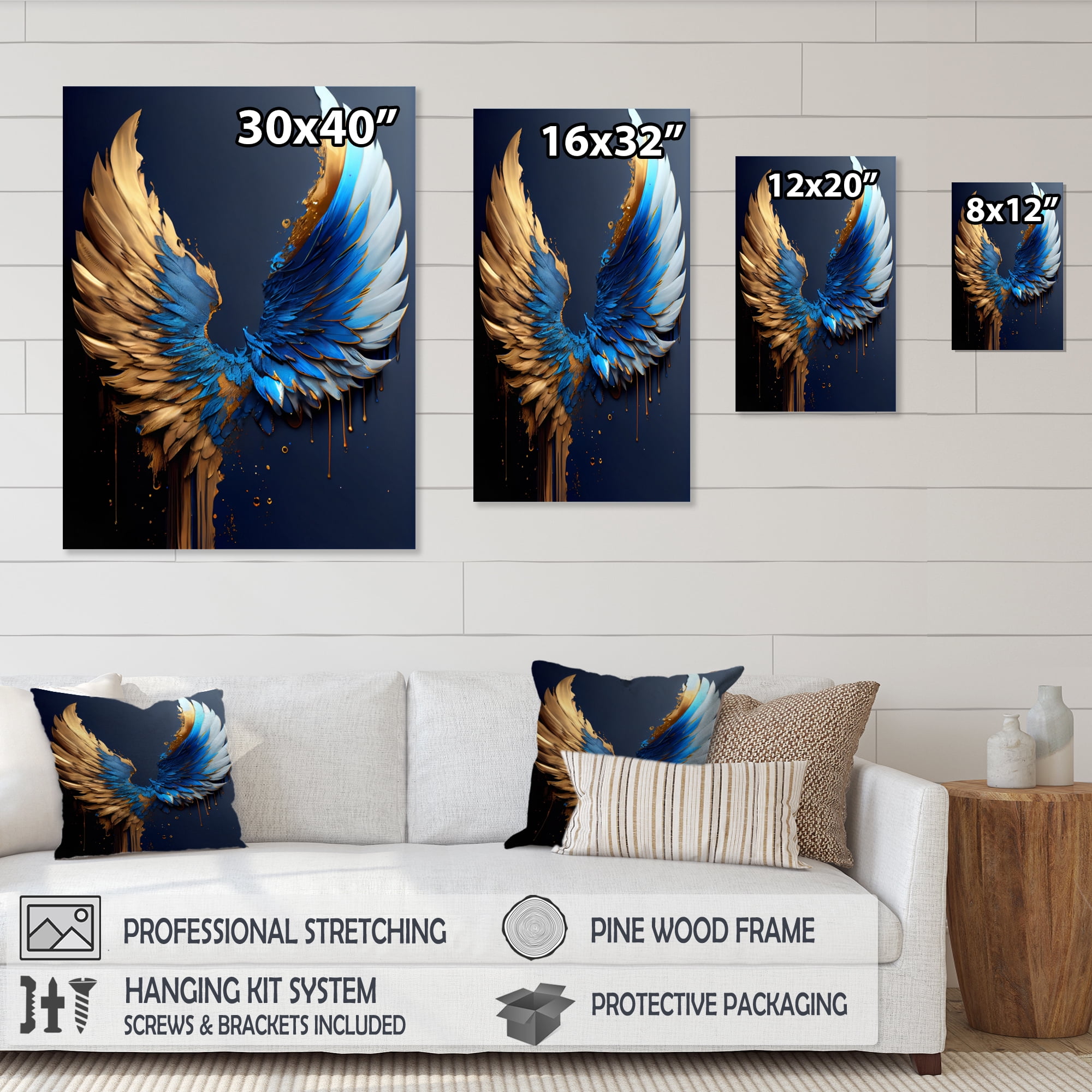 Designart Blue And Gold Angel Wings VI Canvas Wall Art