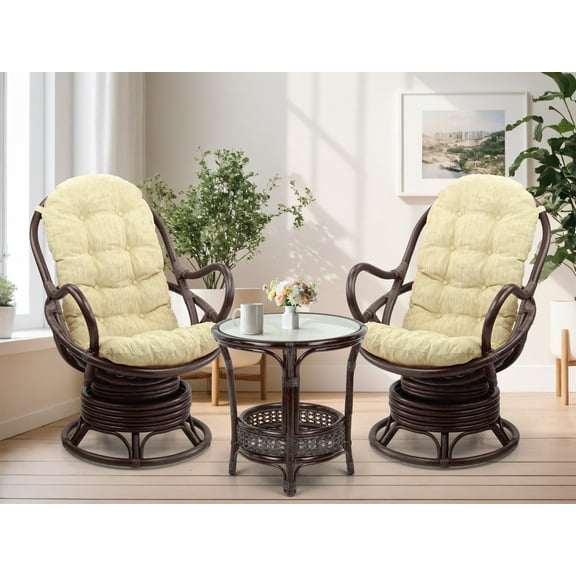 SK New Interiors Set of 2 Java Swivel Rocking Lounge Chair Natural Rattan Wicker w/Cream Cushion and Round Coffee Table, White Wash