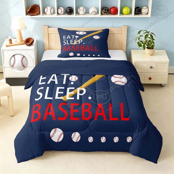 meiyoeat Eat Sleep Baseball Twin Comforter Setsfor Boys Teens, Sport Baseball Bedding Set, Navy Reversible 2pcs, 1 Comforter and 1 Pillowcase