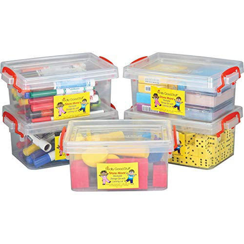 Manipulatives and More in Classroom or Home Really Good Stuff Small Clear Plastic Stackable Storage Tubs with Locking Lid – Red Handles Lock Lid in Place – Hold Supplies 8”x4”x5” Set of 5 