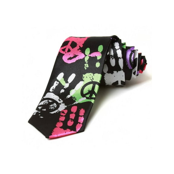 2' Trendy Skinny Tie - Black Mulitcolored Peacesign Handprint