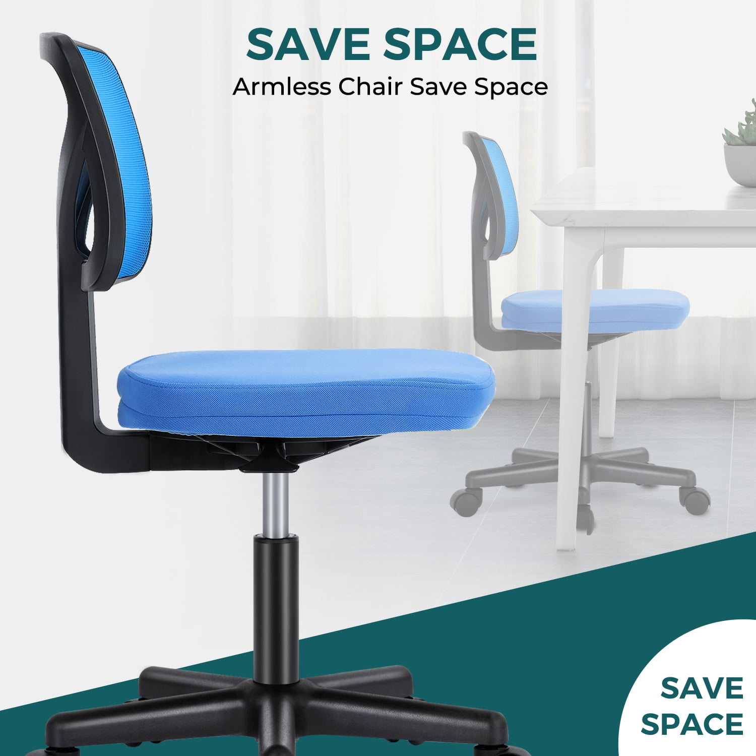 edx Home Office Desk Chair, Armless Mesh Computer Chair Small Space Swivel Adjustable Low Back Task Chair for Teens/Adults, Blue