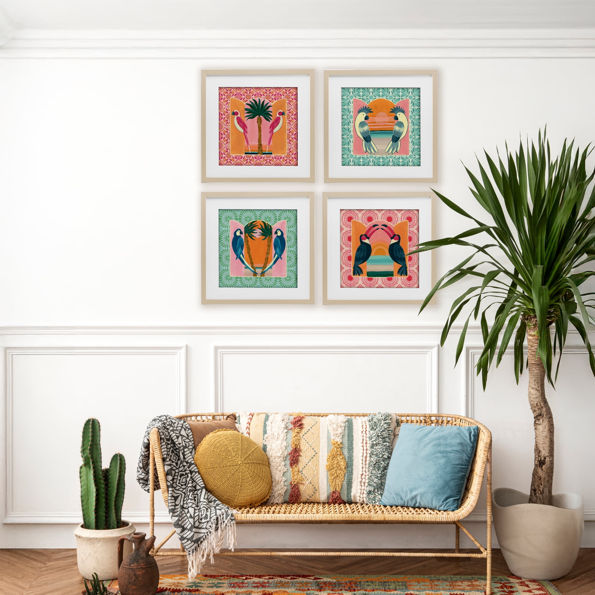 Stupell Industries Patterned Twin Bird Symmetry 4 Piece Birch Framed Print Under Glass Set, design by Yvette St. Amant