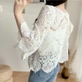 thumbnail image 6 of Women French Hollow Out Crochet Knit T-Shirts 3/4 Sleeve Crewneck Floral Lace Loose Blouse Beach Cover Up Tops, 6 of 8