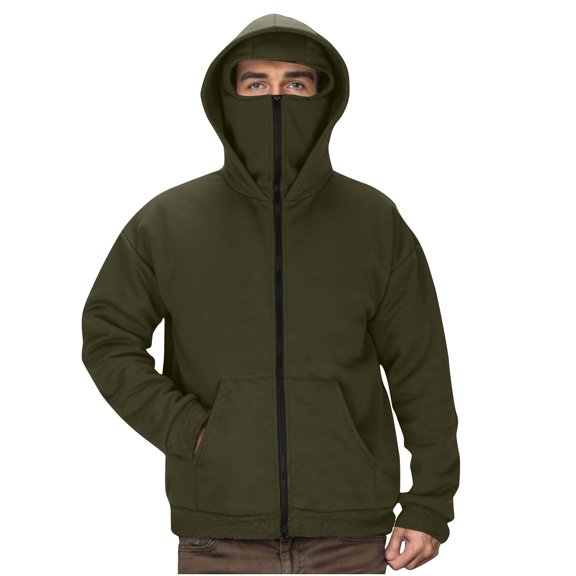 Lovskoo Hoodie with Mask for Men Fleece Full-Zip Hoodie Sweatshirt Solid Color Pocket Sports Long Sleeve Double Hat Casual Jacket Olive Green
