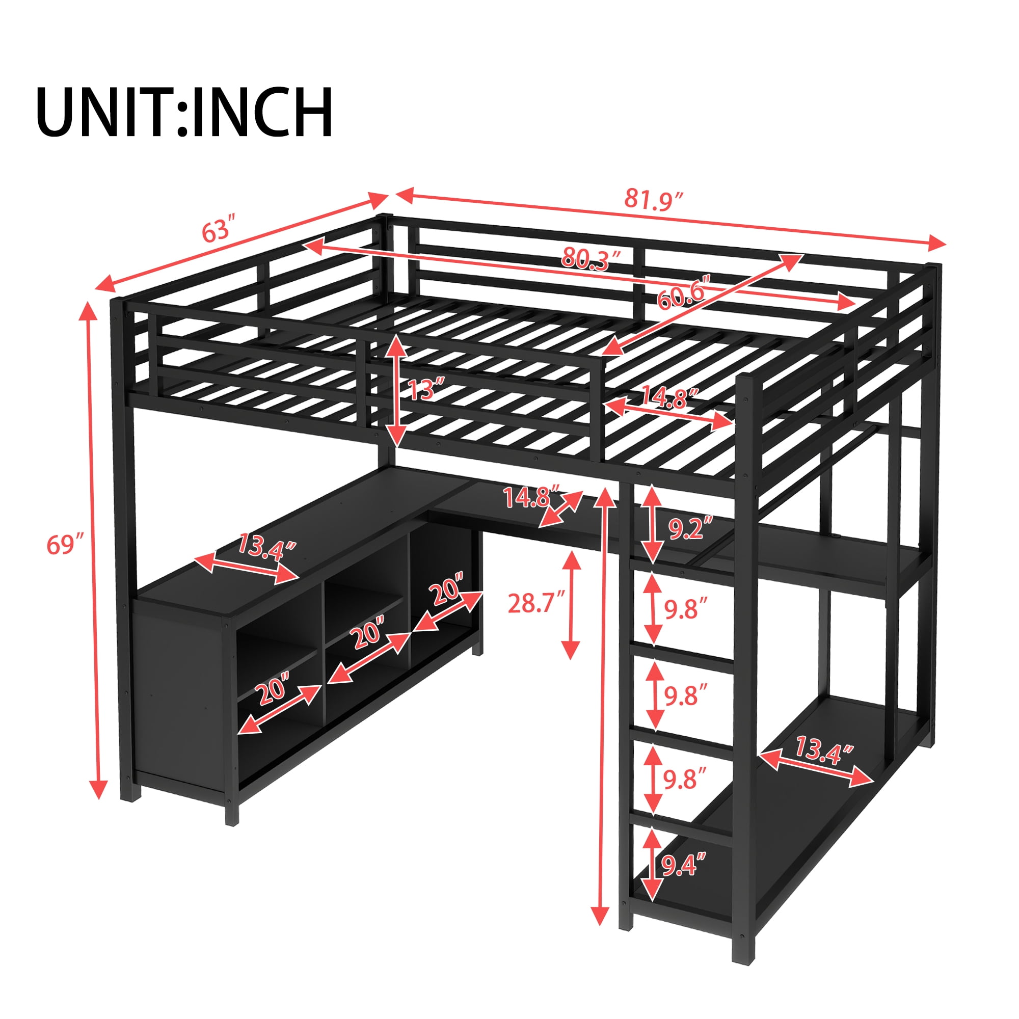 Aukfa Queen Metal Loft Bed with L-Shaped Desk, Clothes Rail, Storage Shelves & Cubes, Heavy-Duty Bed Frame for Kids, Teens & Adults, Black