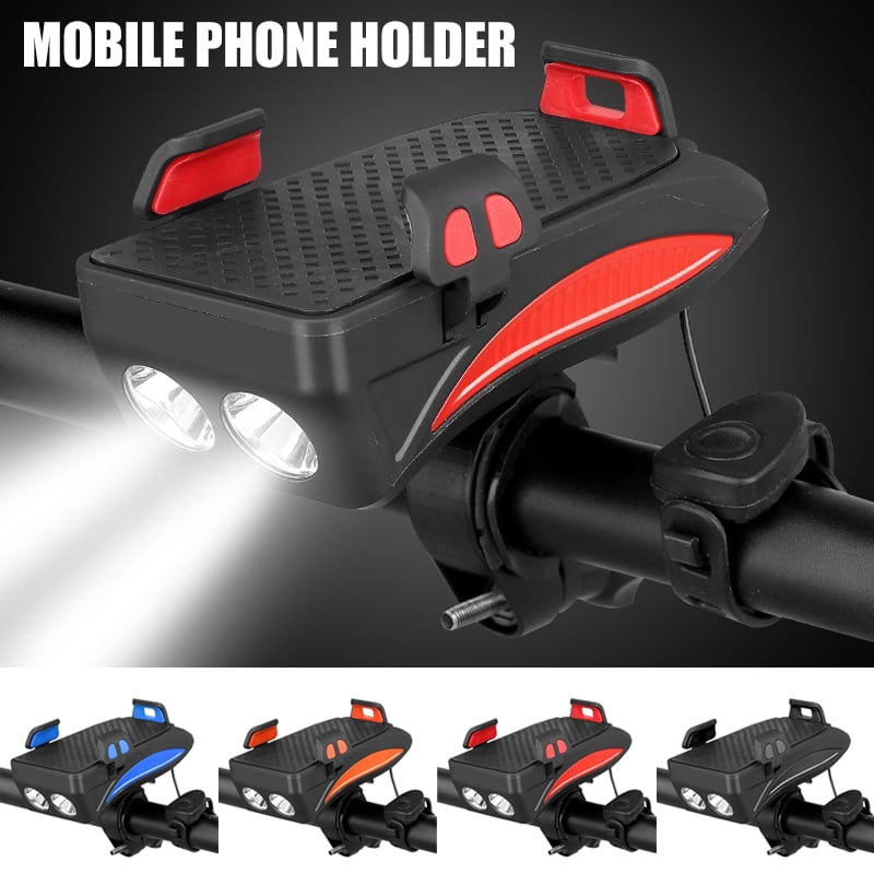 4in1 USB Rechargeable LED Bicycle Headlight Bike Horn Phone Holder Cycling NEW 
