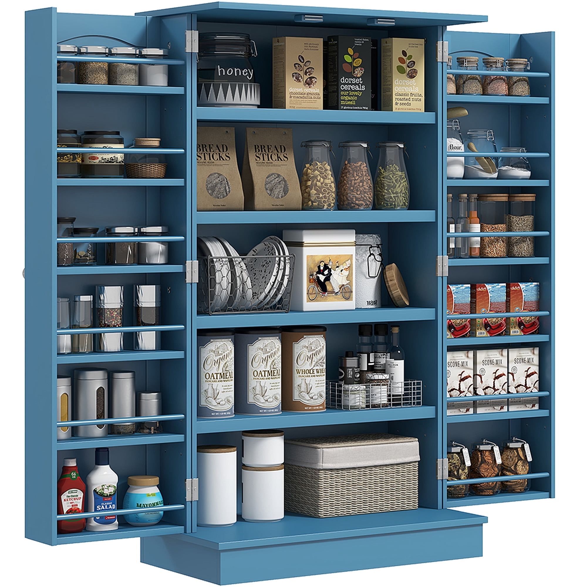 HOMCOM 41" Kitchen Pantry, 2-Door Kitchen Cabinet with 5-tier Storage Shelving, 12 Spice Racks and Adjustable Shelves for Dining Room, Blue