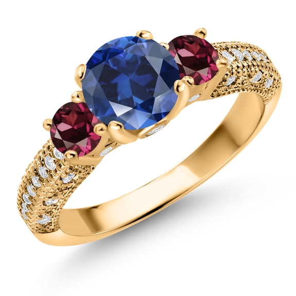 Gem Stone King 18K Yellow Gold Plated Silver Blue Created Sapphire Red Rhodolite Garnet and White Moissanite Engagement Ring for Women (2.42 Ct, Gemstone September Birthstone, Round 7MM, Size 7)