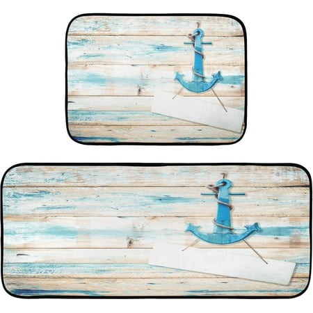 

Anchor Blue Vintage Kitchen Rugs Mats Set of 2 for Floor Non Slip Standing Mat for Doorway Bathroom Floor Home Office Sink Laundry Farmhouse Runner Rug Set 28 x20 + 47 x20