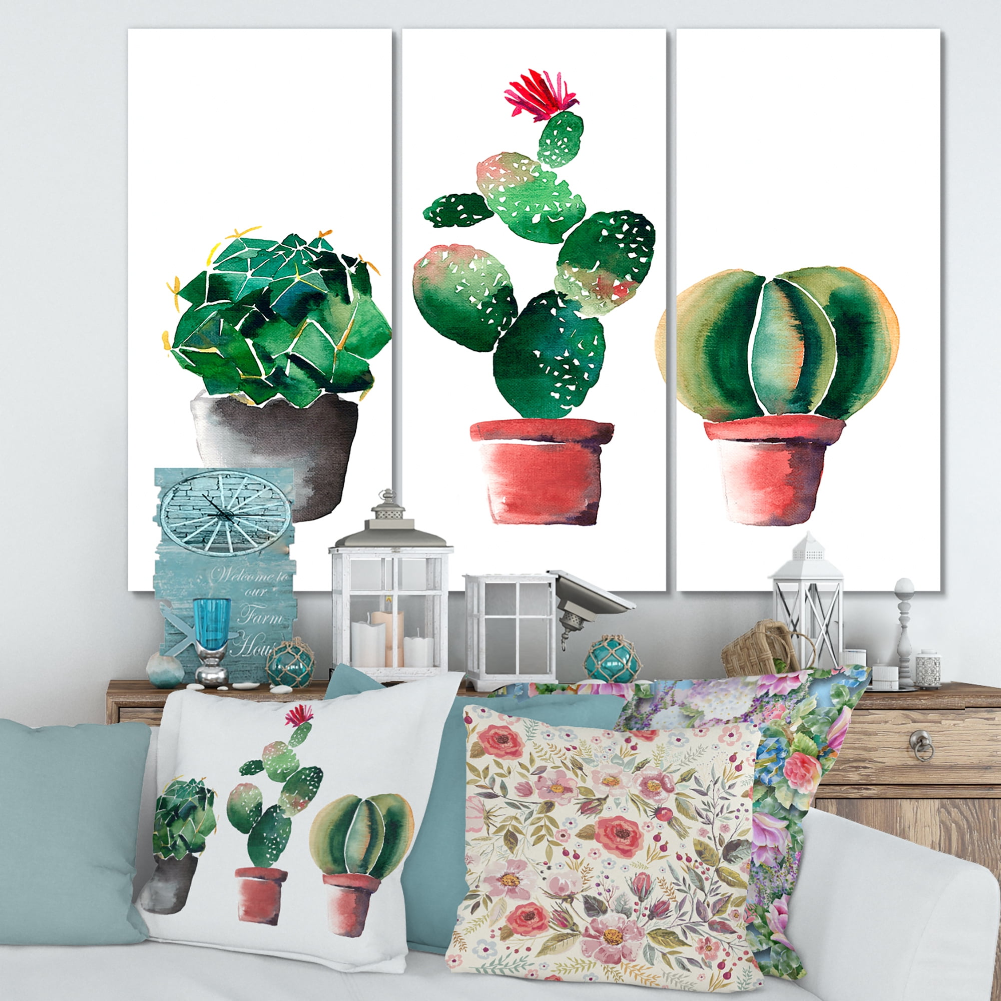 Designart ' Three Cacti In Clay Pots On White ' Traditional Canvas Wall Art Print